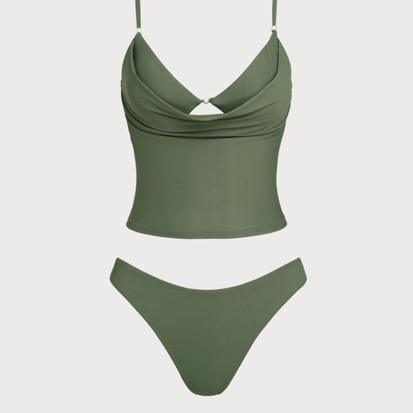 Samiol Grey Green Ribbed Fake Two-Piece Tankini Set - Picture 4 of 5